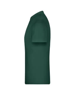 A green T-shirt featuring a simple crew neck design, shown from the side view. It includes a logo.