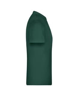 A dark green T-shirt displayed from the side, featuring a standard crew neck and short sleeves.