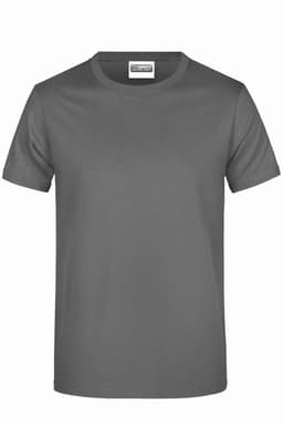 A grey T-shirt featuring a crew neck and short sleeves, with a plain design and a logo on the label.