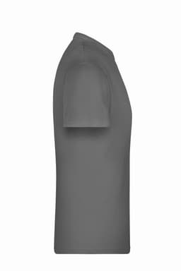 A grey T-shirt viewed from the side. The design features short sleeves and a round neckline. It has a branding logo.