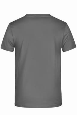 A grey T-shirt viewed from the back, featuring a plain design and a small logo.