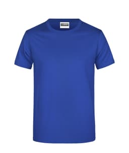 A blue t-shirt with short sleeves and a round neck, featuring a logo on the label.