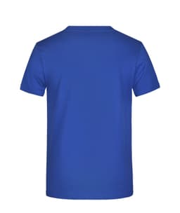 A blue T-shirt with a plain back and a fabric texture. It features a logo on the back.