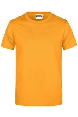 A plain orange T-shirt featuring a round neckline and short sleeves, with a label at the neckline.