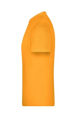 An orange T-shirt displayed from the side, featuring a simple design and short sleeves.