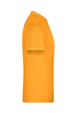 A side view of an orange T-shirt featuring short sleeves and a plain design. It has a logo on the fabric.