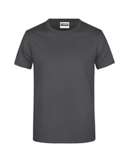 A dark grey T-shirt with a round neckline and short sleeves. It has a logo on the label.