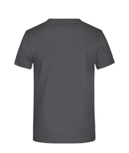 A dark grey T-shirt featuring a plain back design and a logo at the neckline.