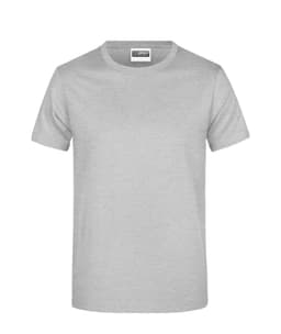 A light grey T-shirt with a round neck and short sleeves. It features a brand logo on the label.
