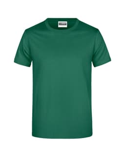 A green T-shirt with a round neckline and short sleeves, featuring a branding logo.