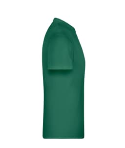 A green T-shirt displayed from the side, featuring a simple design and a logo on the front.