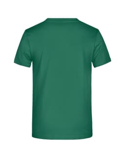 A green T-shirt with a plain back, featuring a logo or branding on the garment.