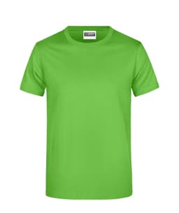 A bright green T-shirt featuring a crew neck design and a label inside. It has a simple, plain style without graphics.