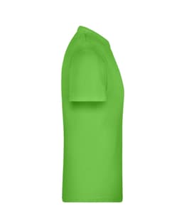 A green T-shirt displayed from the side, featuring a short sleeve design and a simple style. It has a logo.