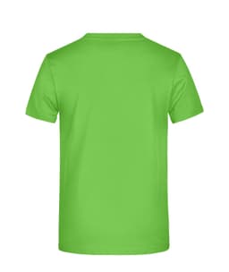 A bright green T-shirt displayed from the back, featuring a blank design and a branding logo.
