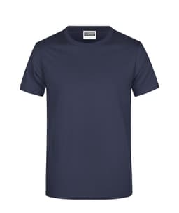 A navy blue T-shirt with short sleeves and a simple design. Features a label at the neckline and a logo.