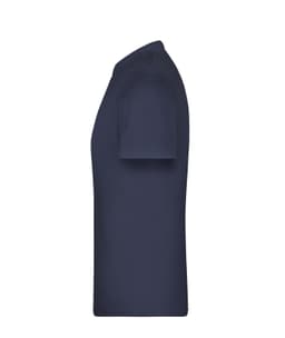 A navy blue T-shirt displayed from the side view, featuring a smooth fabric and short sleeves. It has a logo.