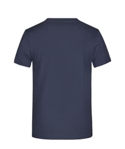 A navy blue T-shirt with a plain design and no visible logos or branding on the back.