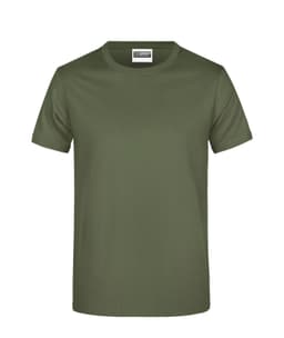 A green T-shirt with a crew neck and short sleeves, featuring a branding logo.