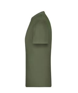 A plain olive green T-shirt with short sleeves, featuring a logo on the side.