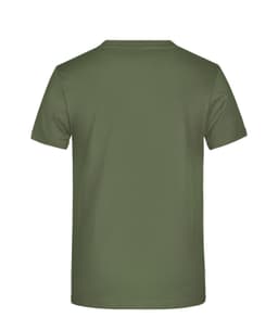 An olive green T-shirt with a plain back, featuring a logo at the neck.