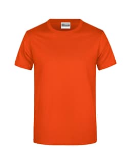 An orange T-shirt featuring a collar and short sleeves, with a branding label on the neckline.