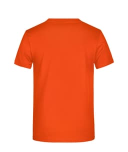 An orange T-shirt featuring a plain design without any visible logos or text, displayed from the back view.