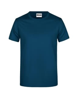 A teal T-shirt with a round neck and short sleeves, featuring a logo on the label.