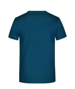 A blue T-shirt featuring a plain back design and a small logo.