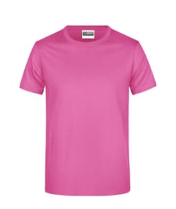A pink T-shirt featuring a simple design and a label at the neckline, with a standard crew neck cut.
