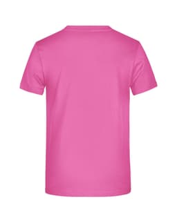 A pink T-shirt with a plain back, featuring a small logo at the neck.