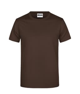 A brown T-shirt with a round neckline and short sleeves, featuring a label at the collar and a logo.
