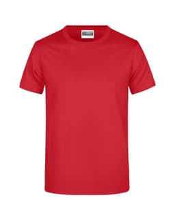 A red T-shirt featuring a crew neck design and short sleeves, with a logo on the label.