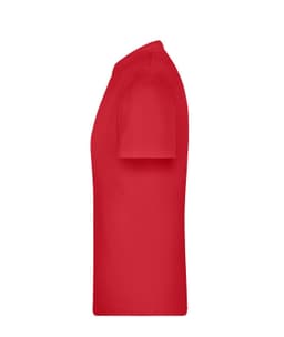 A red T-shirt displayed from the side, featuring a simple design and a logo on the front.