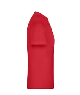 A red T-shirt is displayed, featuring a simple design and a logo on the side.