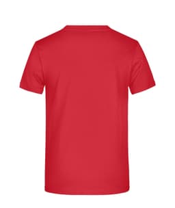 A red T-shirt with a plain back, featuring a logo on the front. Suitable for promotional use.