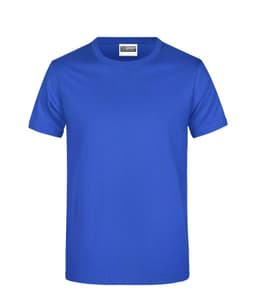 A blue T-shirt displayed against a plain background, featuring a logo on its label.