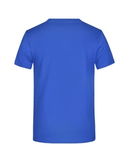 A plain blue T-shirt with short sleeves, featuring a simple design and a logo on the back.