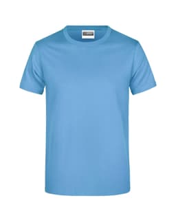 A light blue T-shirt featuring a round neck and short sleeves, with a label in the neck.