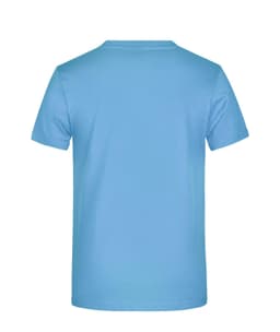 A light blue T-shirt with a plain back view and a logo on the lower side.