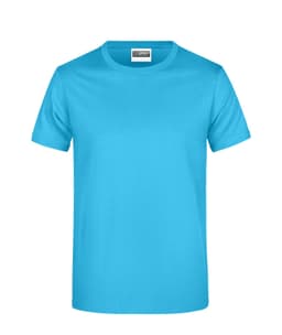 A bright blue T-shirt featuring a logo on the front. Short sleeves and a round neck design.
