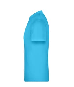 A bright turquoise T-shirt is displayed from the side, featuring a simple design and a logo.