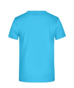 A blue T-shirt with short sleeves, featuring a plain back and a logo.