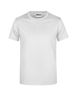 A plain white T-shirt with a crew neck and short sleeves, featuring a brand logo on the label.