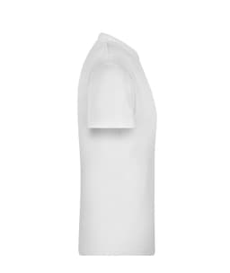 A white T-shirt is displayed from a side angle, featuring a simple design and a rounded neckline.