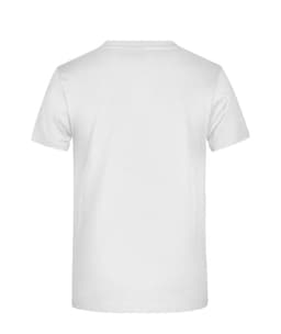 A white T-shirt with a simple design, featuring a logo on the back.