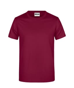 A maroon T-shirt with a round neck and short sleeves, featuring a logo on the label.