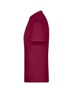 A maroon T-shirt with short sleeves, featuring a logo on the side.