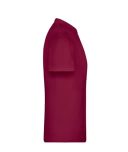 A side view of a maroon T-shirt featuring a sleeve and a round neckline. The shirt has a logo.