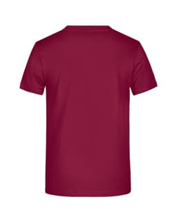 A maroon t-shirt with a crew neck and short sleeves, featuring a logo on the back.